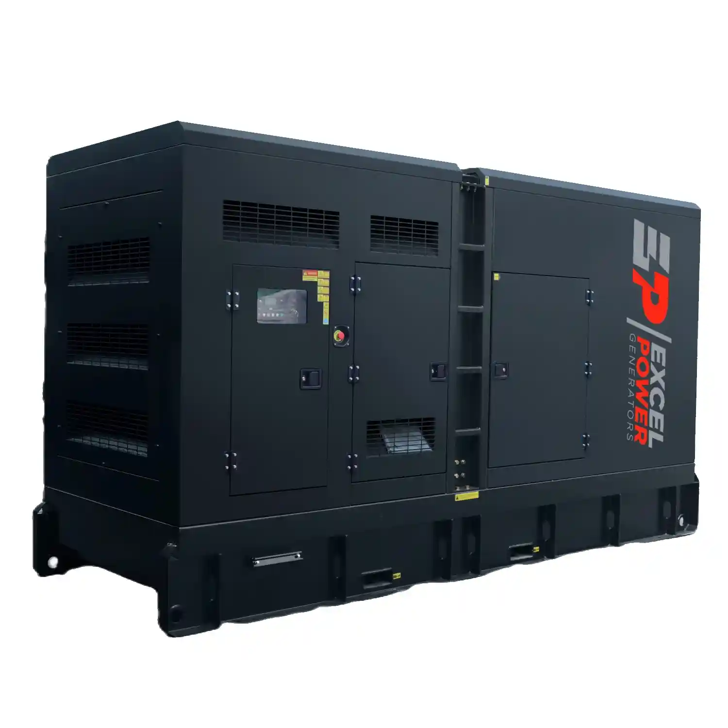 Excel Power enclosed diesel generator, shown from the front and side